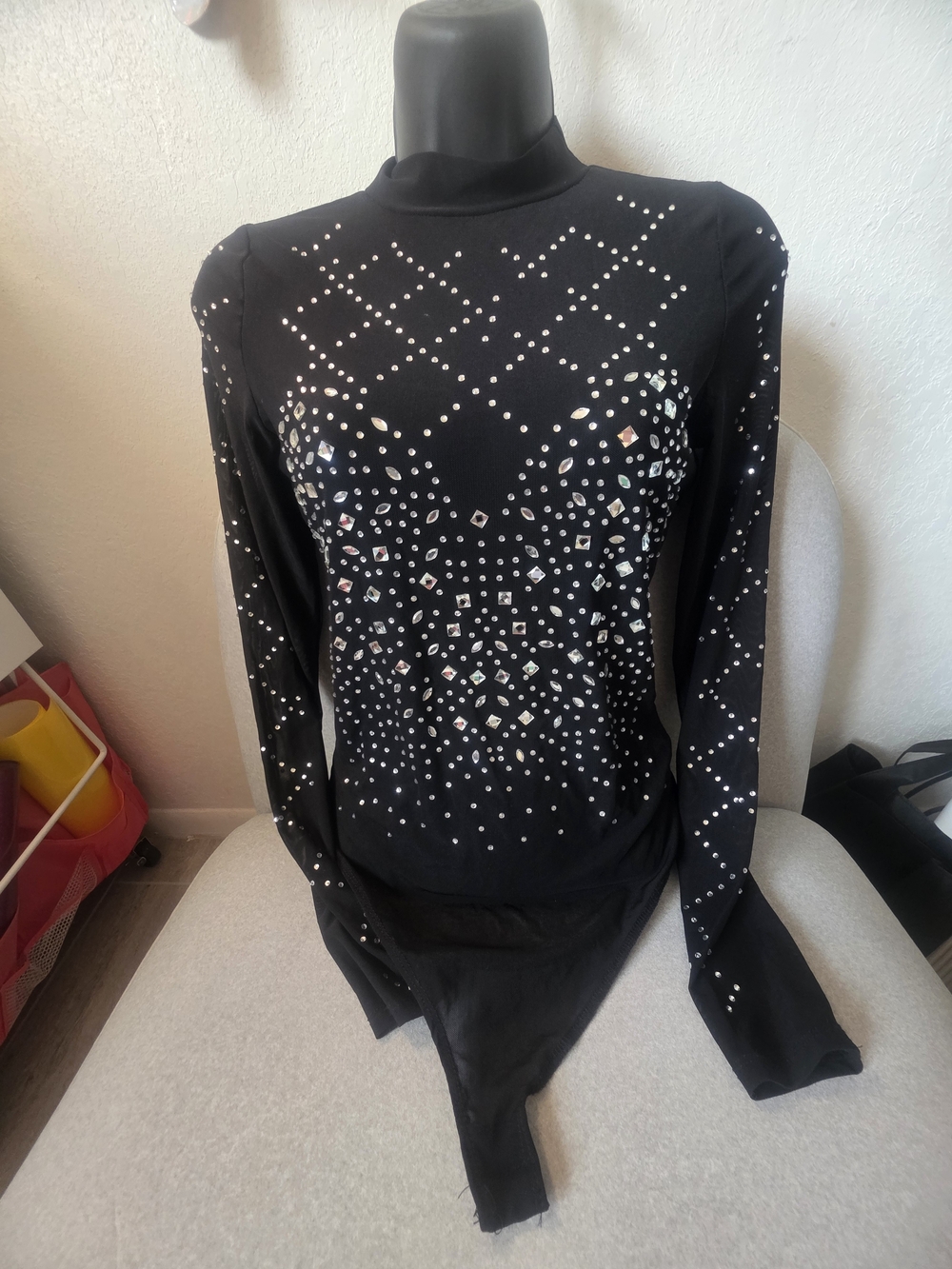 Black Embellished Long-Sleeve Bodysuit